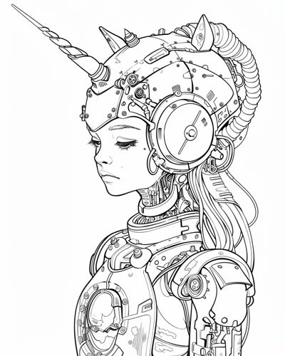 coloring page of a cyborg unicorn