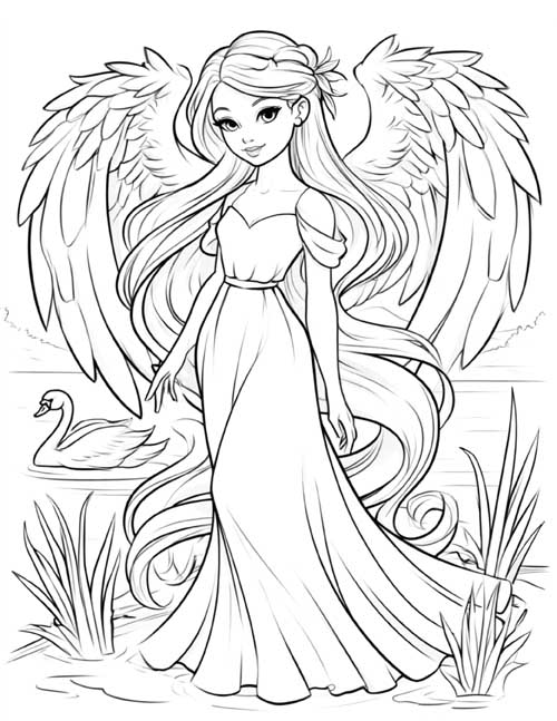 Cartoon coloring page of a were-swan