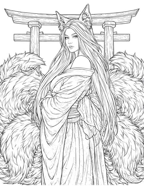 Coloring page of a were-fox