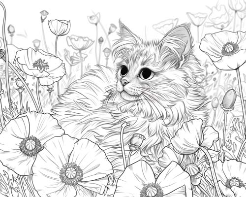 coloring page of a kitten in a poppy field