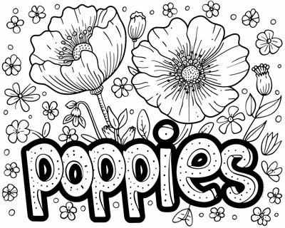 word art coloring page of poppies