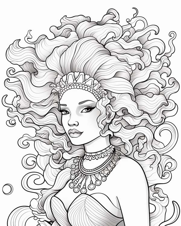 African folklore coloring page of Mama Wata the water spirit