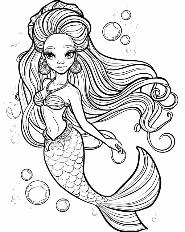 African folklore coloring page of Mama Wata the water spirit