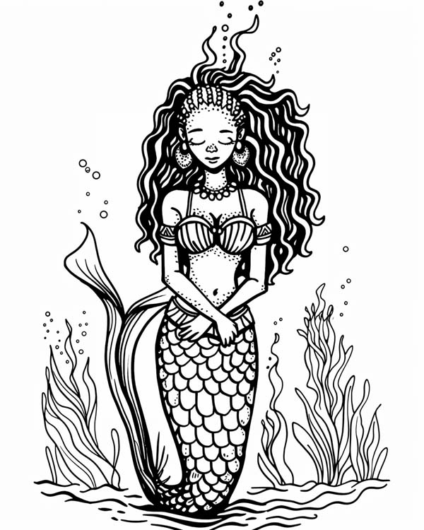 African folklore coloring page of Mama Wata the water spirit