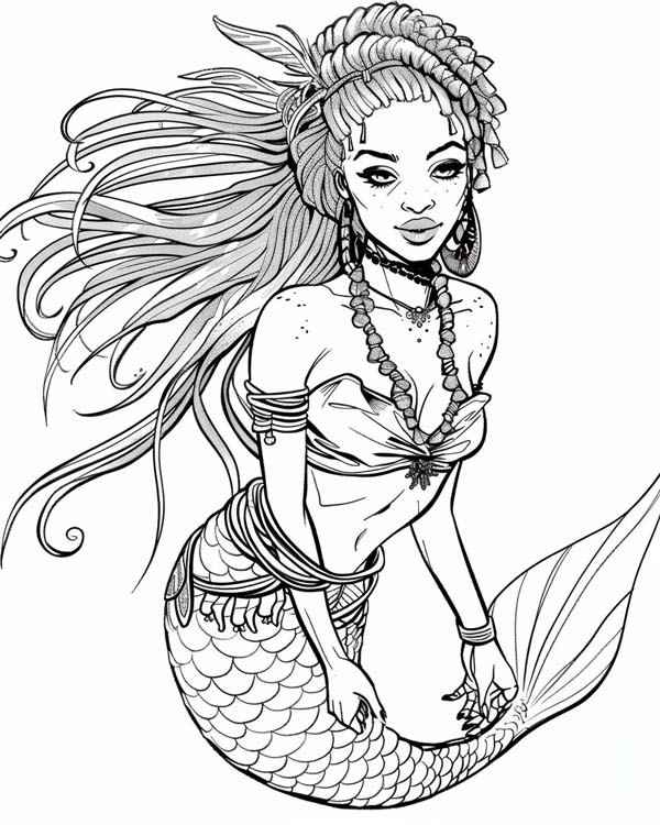 African folklore coloring page of Mama Wata the water spirit