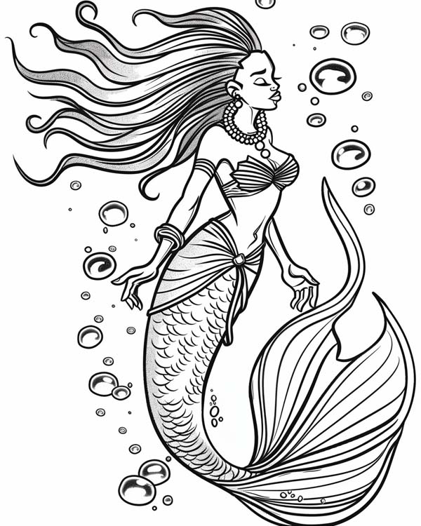 African folklore coloring page of Mama Wata the water spirit