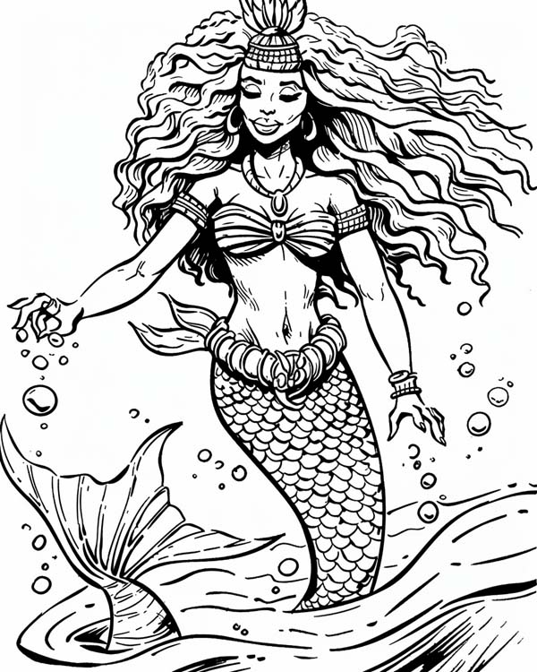 African folklore coloring page of Mama Wata the water spirit
