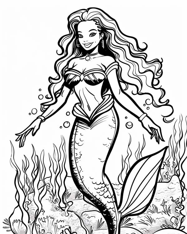 African folklore coloring page of Mama Wata the water spirit