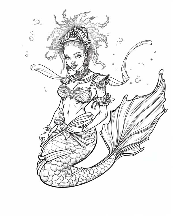 African folklore coloring page of Mama Wata the water spirit