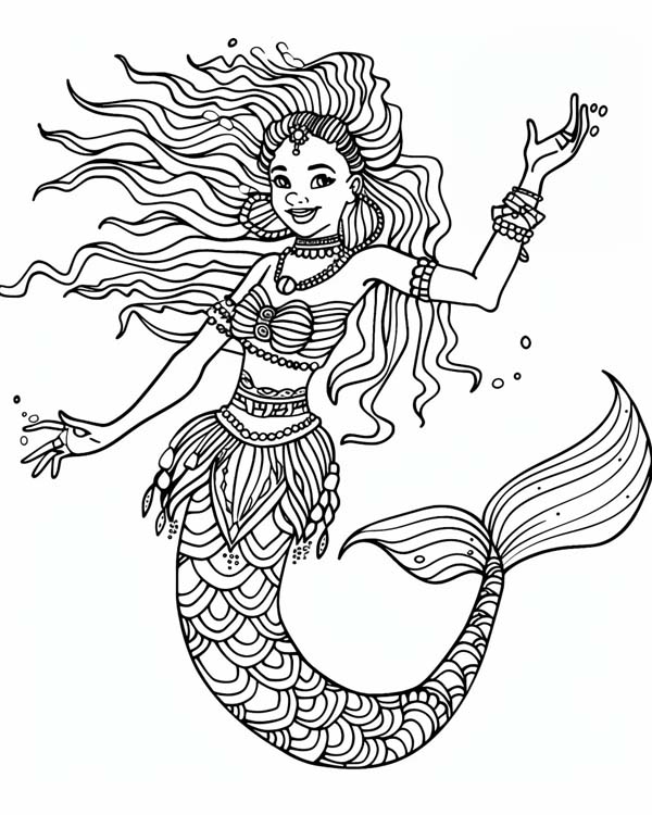 African folklore coloring page of Mama Wata the water spirit