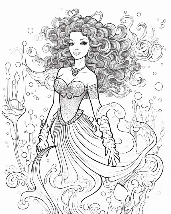 African folklore coloring page of Mama Wata the water spirit