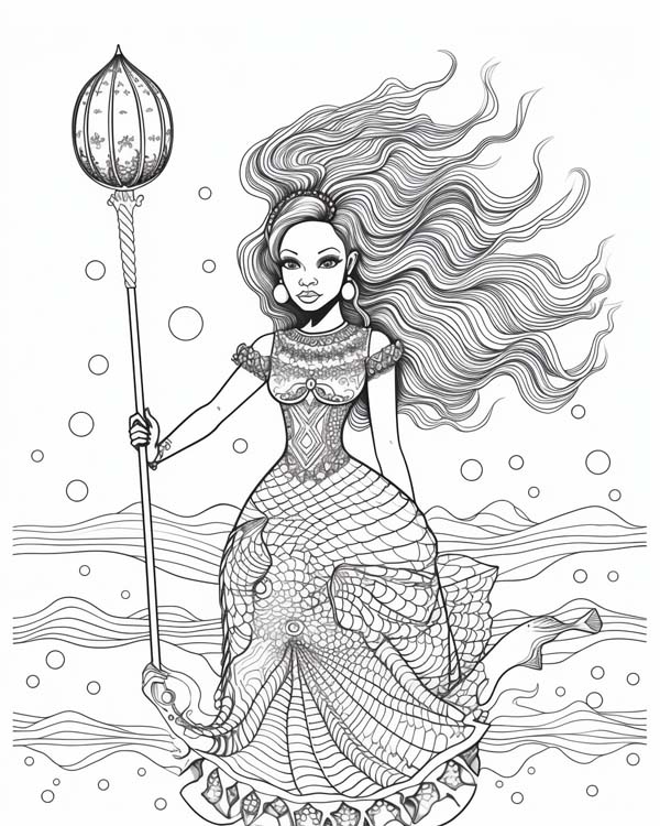 African folklore coloring page of Mama Wata the water spirit
