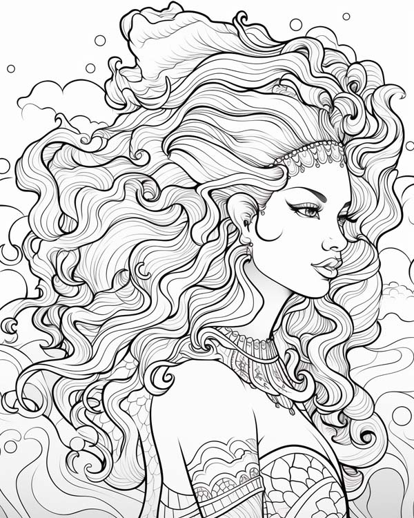 African folklore coloring page of Mama Wata the water spirit