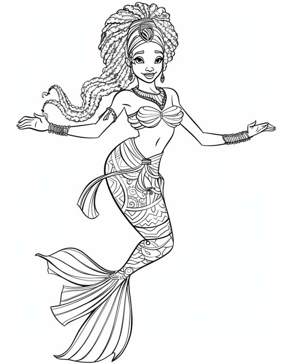 African folklore coloring page of Mama Wata the water spirit