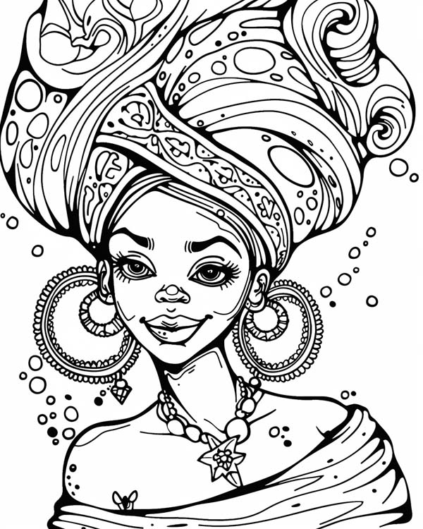 African folklore coloring page of Mama Wata the water spirit