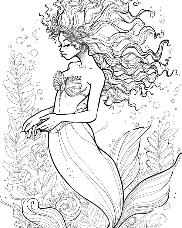 African folklore coloring page of Mama Wata the water spirit