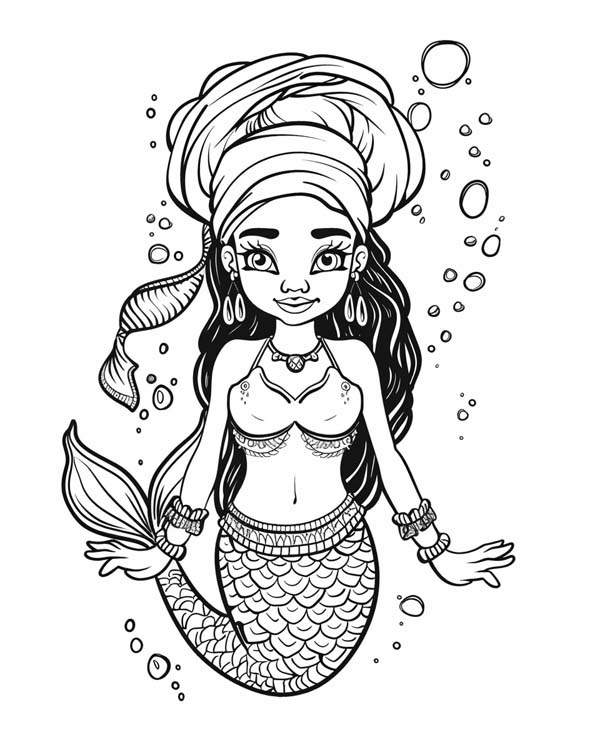 African folklore coloring page of Mama Wata the water spirit