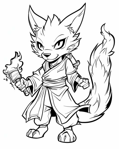 chibi coloring page of coyote carrying a torch