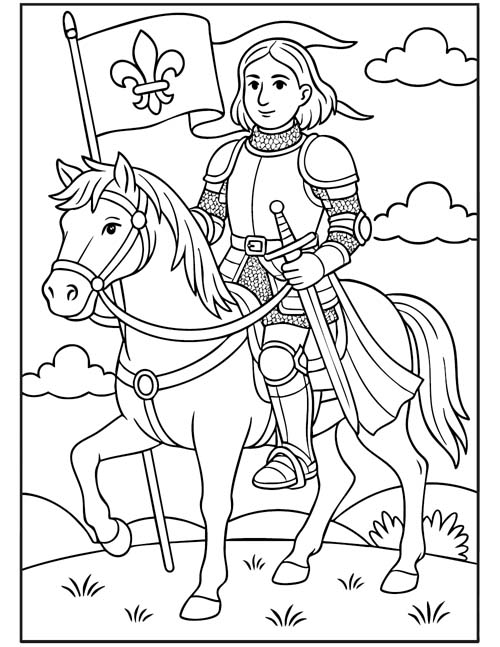 coloring page of Joan of Arc with a fleur de lis banner