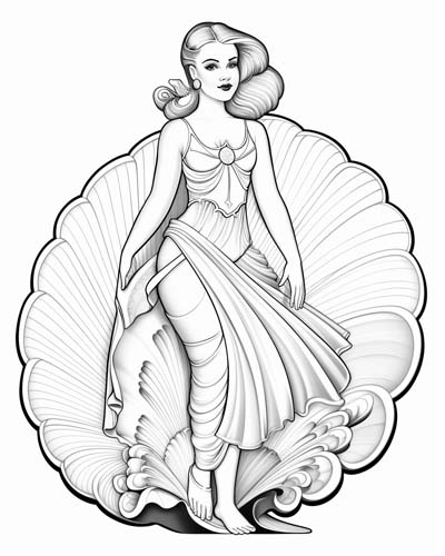 Aphrodite in a clam shell coloring page