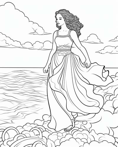 coloring page of Aphrodite emerging from the sea foam 
