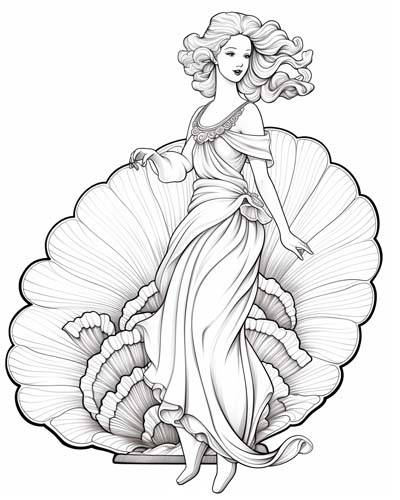 coloring page of the Greek goddess of love in a scallop shell