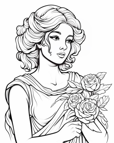 coloring page of Aphrodite holding a rose 