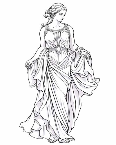 Aphrodite in a flowing gown coloring page