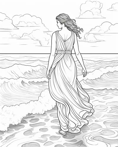 coloring page of Aphrodite gazing out over the ocean