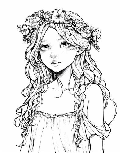 coloring page of Aphrodite with a flower crown