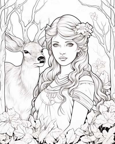 Artemis and a deer coloring page