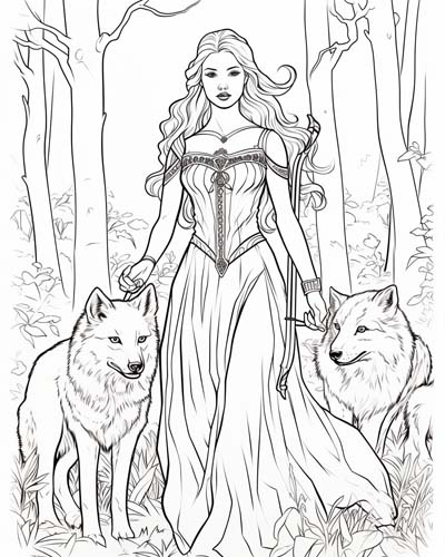 Artemis and her hunting dogs coloring page