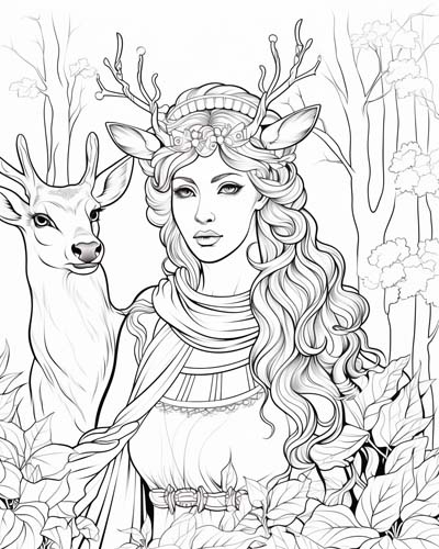 Artemis in the forest coloring page