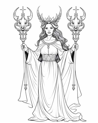 coloring page of Hecate, the Greek goddess of witchcraft