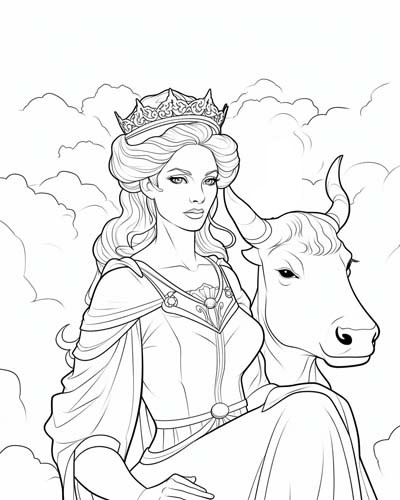 the goddess Hera and a cow coloring page