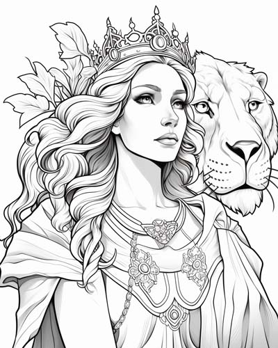 Hera and a lioness coloring page