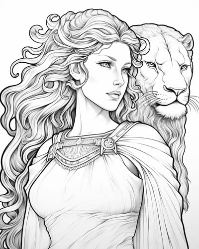 coloring page of Hera and a lion