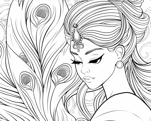 Hera with peacock feathers coloring page