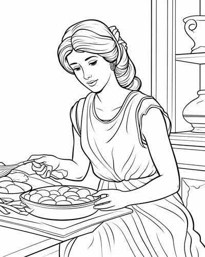 coloring page of Hestia making bread