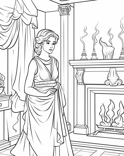coloring page of Hestia beside the hearth