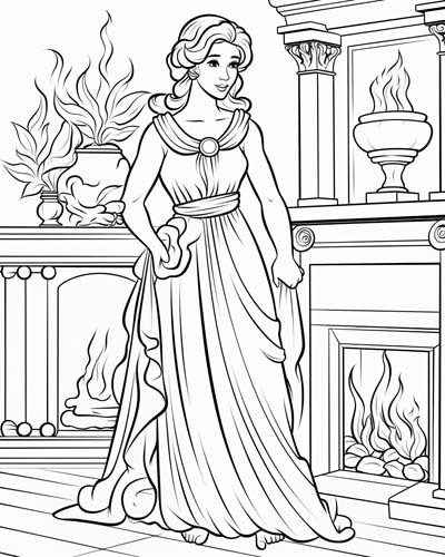 coloring page of Hestia in her cheerful home