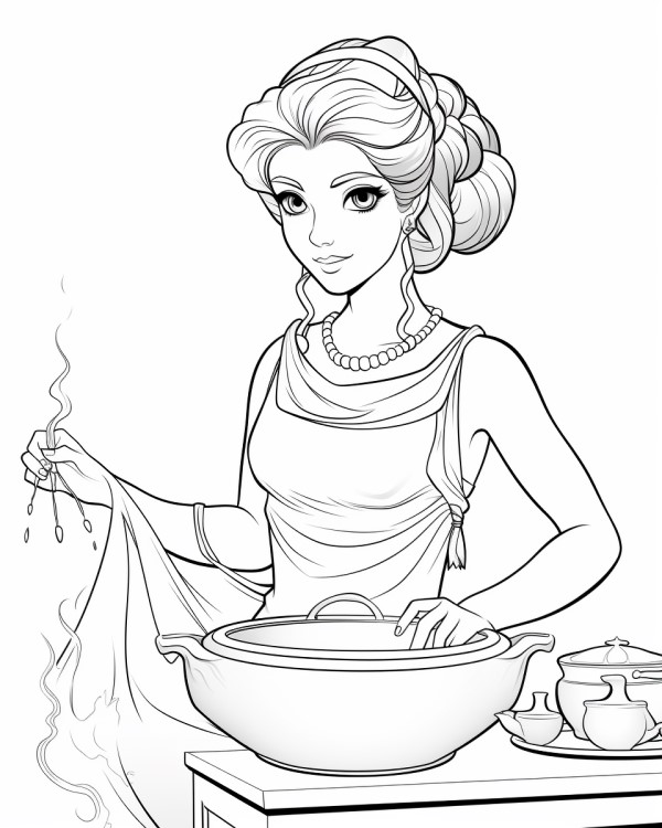 coloring page of Hestia cooking in her cauldron