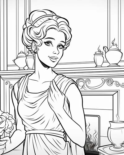 coloring page of Hestia beside the fireplace