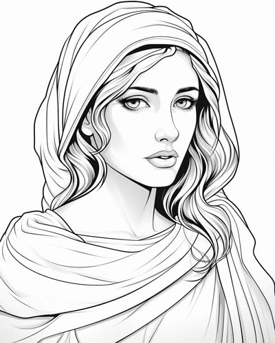 coloring page of Hestia wearing a simple scarf in her hair