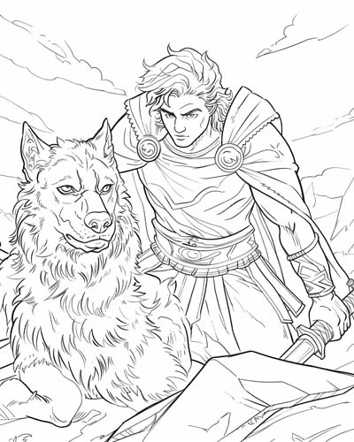 coloring page of Ares with his loyal dog