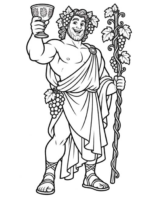 Simple bold-line coloring page of a friendly Dionysus raising a toast