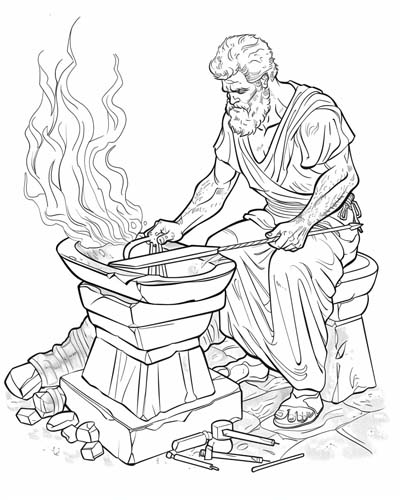 coloring page of Hephaestus working at the anvil