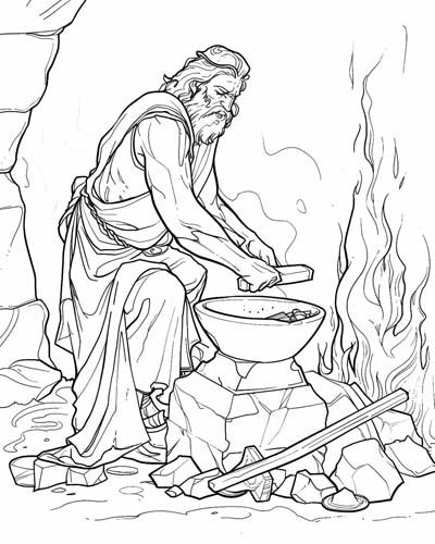 coloring page of Hephaestus working at the forge
