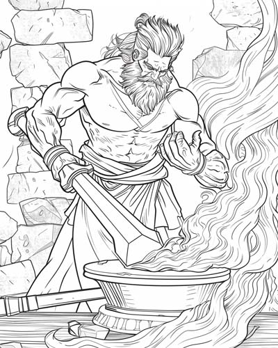 Hephaestus quenching a sword coloring page