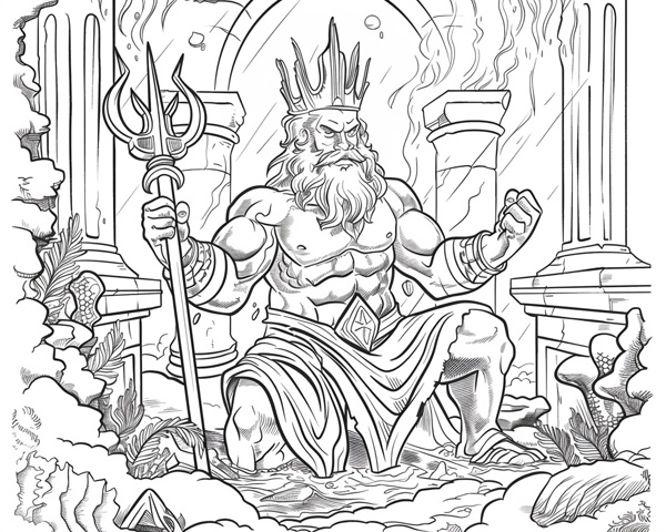 coloring page of Poseidon in his underwater palace